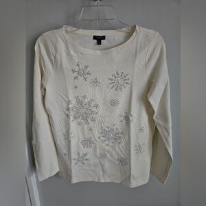 Talbots Ivory Long-Sleeve Snowflake Embellished Tee